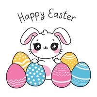Happy Easter hand drawn greeting card with text lettering, cute kawaii bunny rabbit and colored ornate Easter eggs in simple cartoon style vector