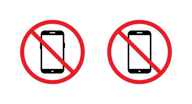 No mobile phone area, cellphone prohibition icon. Smartphone with forbidden sign symbol