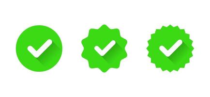 Green checkmark badge icon set with long shadow. Rosette tick sign symbol vector