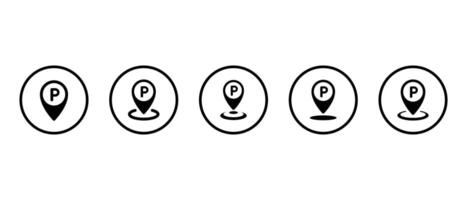 Parking location icon set collection on circle line. Place marker with letter P sign symbol vector