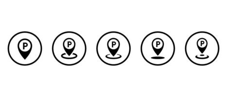 Parking location icon set collection on circle line. Map pin with letter P sign symbol vector
