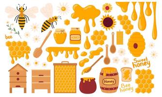 Honey products set. Honey jar, beehive, flowers, honeycomb, wooden dipper, barrel. Apiary collection objects. illustration isolated on white background vector