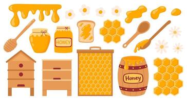 Honey products set. Apiary collection objects. Honey jar, beehive, flowers, honeycomb, wooden dipper, barrel. illustration isolated on white background vector