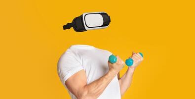 In a vibrant setting, a person engages in a fitness routine while wearing virtual reality goggles. photo