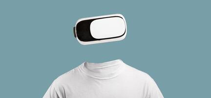 A person engages with virtual reality using modern goggles that cover their eyes, creating an isolated and immersive experience. The background is a solid color, emphasizing the gadget. photo