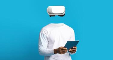 A person is using a virtual reality headset while holding a tablet. The setting features a vibrant blue background, highlighting the technology and modern gadgets utilized in the experience. photo