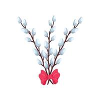Spring bouquet with willow branches and red ribbon bow. Seasonal Easter composition is suitable for website, flower shop, postcard. Gift to your girlfriend, mother, grandmother. illustration. vector