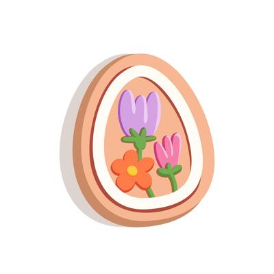 Cute Easter Cookie shaped egg with flowers. Cookie is decorated with icing in pastel shades. Festive sweet pastries. For greeting cards, packaging, festive menu. Cute cartoon illustration.