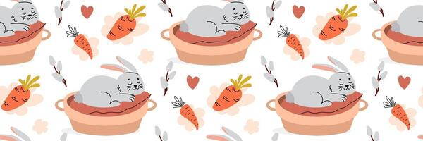 Easter rabbit seamless pattern. Festive bunny dreaming of carrots. Spring background with funny bunny. For wrapping paper, textiles, children room. flat illustration. vector