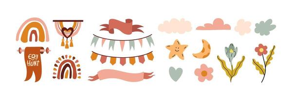 Simple Boho elements set. Clouds, flowers, flags and rainbow in pastel brown colors. Collection of decorative illustrations for children's room design, organization of celebrations and parties. vector