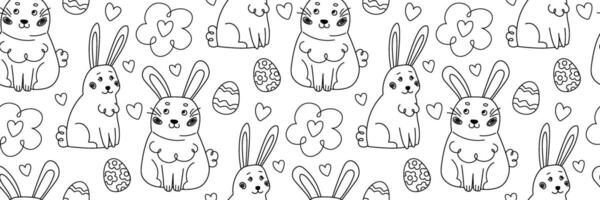 Easter pattern with doodle funny rabbit. Hand drawn trendy linear eggs and cute character. Spring baby background. For wrapping paper, textiles, children room decor. outline illustration. vector
