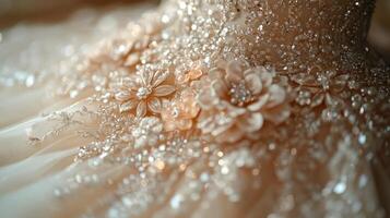 This composition showcases the stunning details of a delicate gown featuring intricate floral embellishments. Soft lighting highlights the sparkling beads and elegant design, creating a dreamy effect. photo