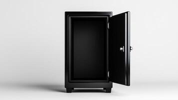 A black safe stands open against a neutral background, representing security and privacy in banking. Its sturdy construction emphasizes protection for valuable belongings and sensitive information. photo