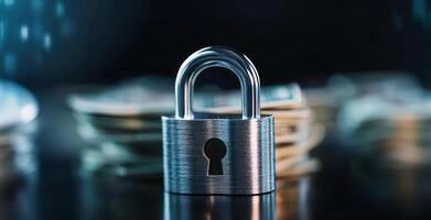 A metal padlock sits prominently in front of stacks of cash, representing financial security and privacy in banking transactions. photo