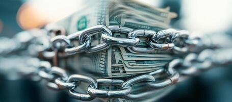 A stack of cash is securely bound by a heavy metal chain, symbolizing the importance of protecting finances. This visual highlights the need for privacy and security in banking practices. photo