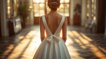 A bride in a stunning white dress with a low back stands serenely in a beautifully lit hall. Soft sunlight streams through large windows, creating an enchanting atmosphere. photo