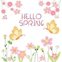 Hello spring. Spring illustration with flowers, butterflies and text. Spring gentle background in pastel colors vector