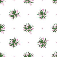 Seamless pattern with hand drawn pink tulips top view and polka dot. Spring, 8 march background vector