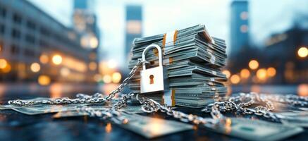 A stack of cash secured with a lock and chains emphasizes the importance of financial safety and privacy. This setting reflects modern banking standards and privacy protection measures. photo