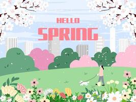 Hello Spring Time Wallpaper. Happy spring Day. Spring illustration Lettering text. vector