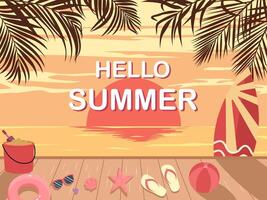 Hello summer text and beach summer banner design background. vector