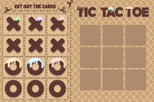 Board game TIC TAC TOE in Waffles themed . cartoon strategy game noughts and crosses. Sweet Board logic game. Print, cut out cards and play vector