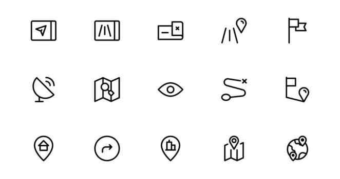 Pixel perfect Navigation and Location Maps Icon Collection for UI, GPS, and Travel Apps vector