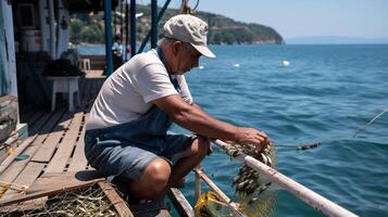 Fisherman sorting catch from net on wooden platform over water photo