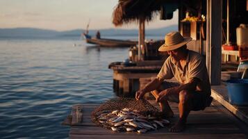 Fisherman unloading a net of fish at sunset photo