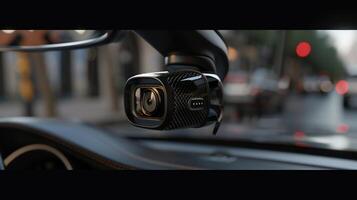 Compact dashcam, sleek design, mounted on rearview mirror, capturing street view photo