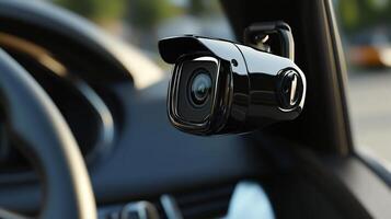 Black dashcam mounted inside a car photo