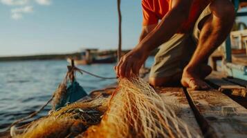 Fisherman sorting fishing nets on a dock photo