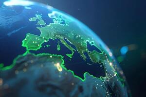 Detailed view of Europe on a globe, illuminated with glowing points photo