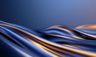 Abstract fluid dynamic folds of shimmering fabric. Soft blend of deep blue and gold. Dynamic movement photo
