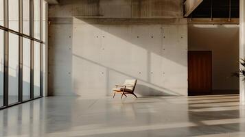 Modern, minimalist interior design featuring a single chair in a spacious concrete room. Sunlight streams in through large windows, highlighting the texture of the walls photo
