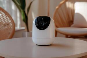 A smart home security camera sitting on a table photo