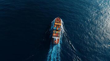 An aerial view of a cargo ship traveling across the ocean photo
