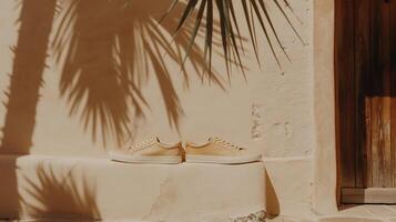 A pair of sneakers sitting on a ledge next to a palm tree photo