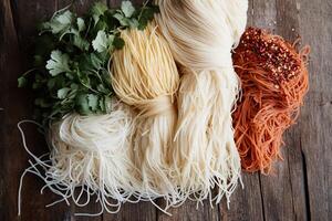 Assorted dried pasta and herbs on a rustic wooden surface photo
