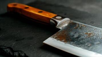 High-quality cleaver on slate board. Detailed close-up photo