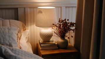 Cozy bedside lamp, dried flowers, and books on a nightstand photo