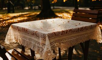 Autumnal park table with lace tablecloth photo