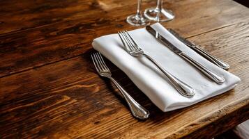 Formal table setting on rustic wooden surface photo