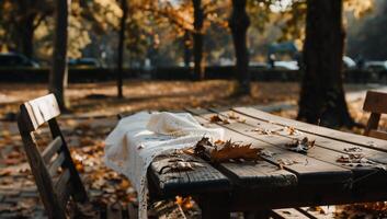 Autumn park picnic table photo