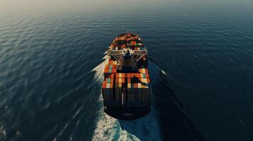 Cargo ship at sea. Powerful vessel carrying containers across the ocean photo