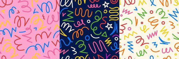 Confetti line pattern. Seamless kids birthday background, colorful print of scribble geometric shapes, abstract childish party wrapping paper print. confetti texture vector