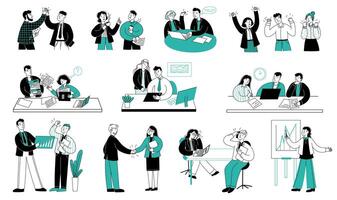 Office people sketch. Sketch business team corporate characters working, meeting and communicating, linear workers scenes. busy people doodle set vector