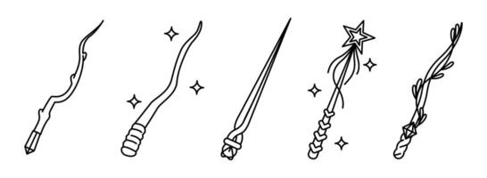 Magic wand icon. Wizard miracle trick outline magician wands with stars, fantasy tool for miracles and imagination logo design. linear isolated set vector