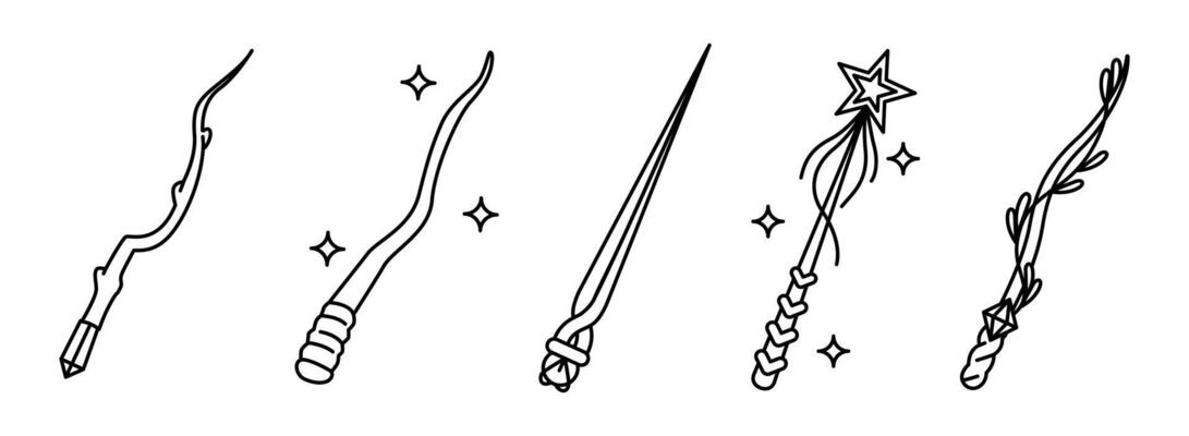 Magic wand icon. Wizard miracle trick outline magician wands with stars, fantasy tool for miracles and imagination logo design. linear isolated set