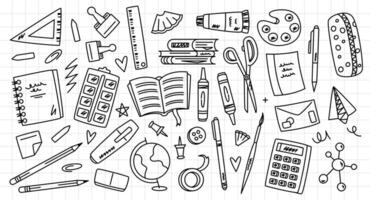 Doodle school icon. Study stationery, cartoon education tools and supplies, child student notebook pencil ruler books, elementary school and university learn concept. set vector